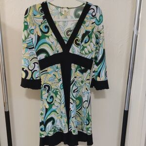 Elegant Long Sleeve Floral Patterned Dress Bell Sleeve Stretch Size L